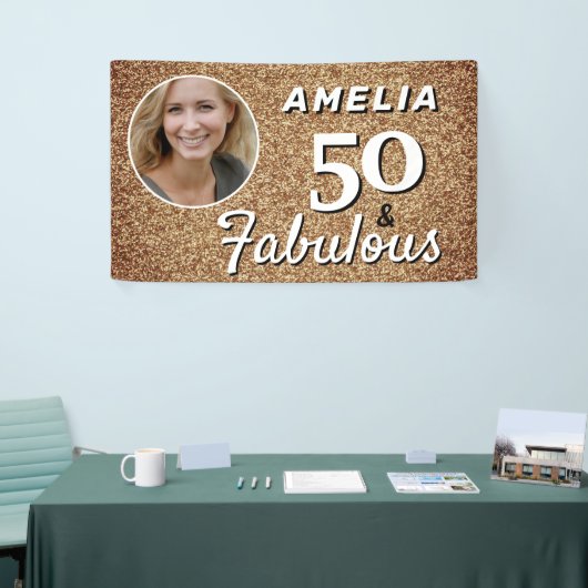 50 en Fabulous Gold Glitter 50th Birthday Foto Spandoek (Beurs)
