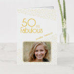 50 en Fabulous Gold Glitter Photo 50th Birthday Folie Wenskaart<br><div class="desc">50 en Fabulous Gold Glitter Photo 50th Birthday Kaart. Moderne verjaardagskaart met trendy typografie en echte folie gouden glitterspots en tekst. Het ontwerp heeft een douanefoto en een naam. U kunt de tekst binnen wijzigen of wissen. Maak een gepersonaliseerde 50ste verjaardagskaart voor een mijlpaal verjaardag.</div>