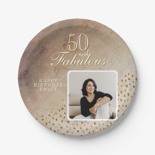 50 en Fabulous Gold Glitter Photo 50th Birthday Papieren Bordje (Voorkant)