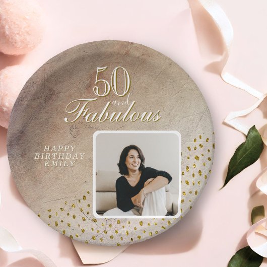 50 en Fabulous Gold Glitter Photo 50th Birthday Papieren Bordje