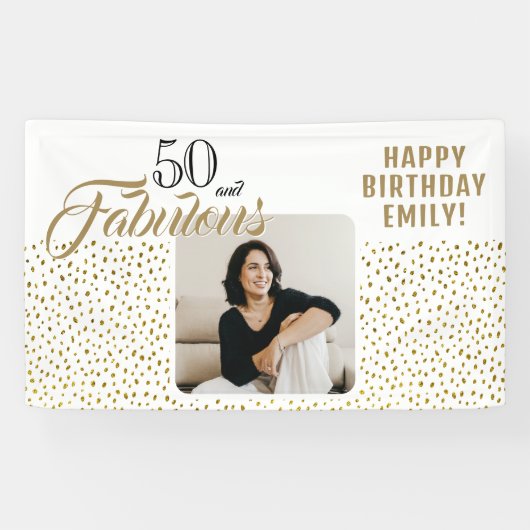 50 en Fabulous Gold Glitter Photo 50th Birthday Spandoek (Horizontaal)