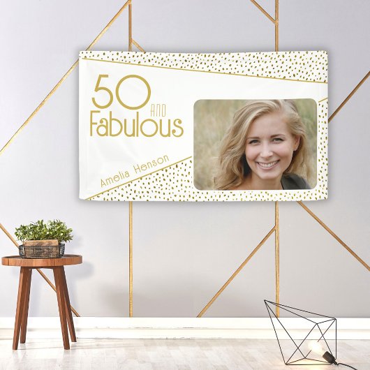 50 en Fabulous Gold Glitter Photo 50th Birthday Spandoek