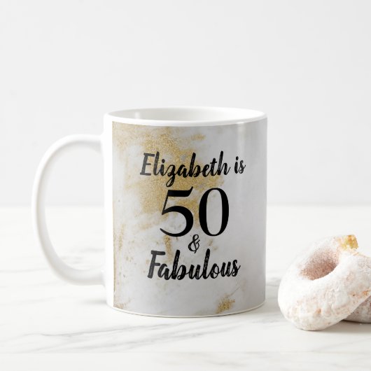 50 en Fabulous Gold Grey Marble met zwarte tekst Koffiemok (Met donut)