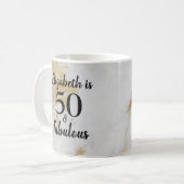50 en Fabulous Gold Grey Marble met zwarte tekst Koffiemok (Voorkant links)