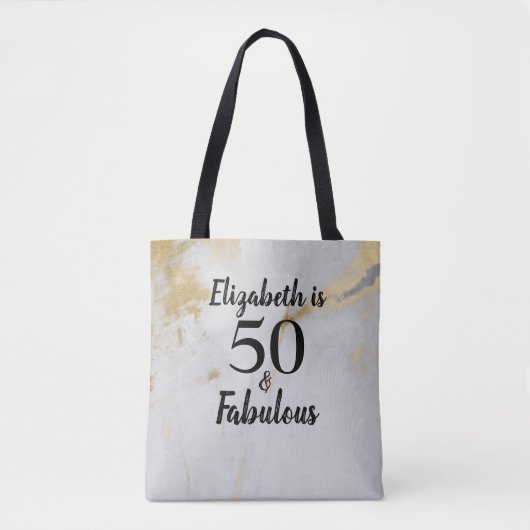 50 en Fabulous Gold Grey Marble met zwarte tekst Tote Bag (Voorkant)