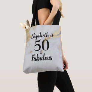 50 en Fabulous Gold Grey Marble met zwarte tekst Tote Bag