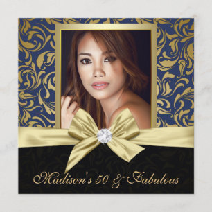 50 en Fabulous Gold navy damask  50e verjaardag Kaart