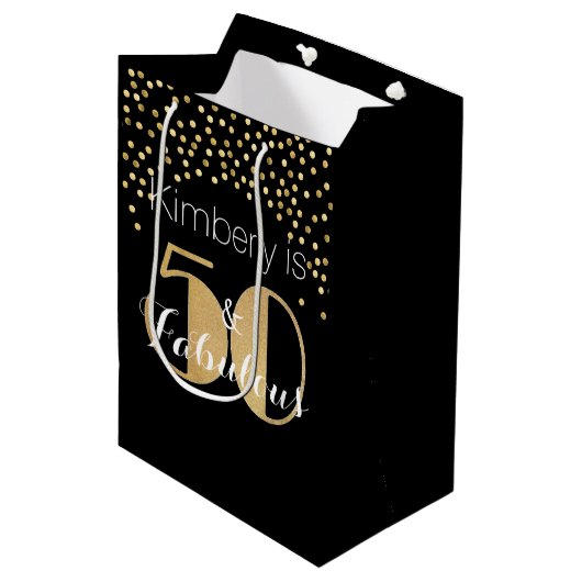 50 en Fabulous Gold Personalized Birthday Party Medium Cadeauzakje (Voorkant Gekanteld)