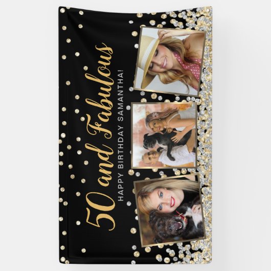 50 en Fabulous Gold Photo Collage 50e verjaardag Spandoek (Verticaal)