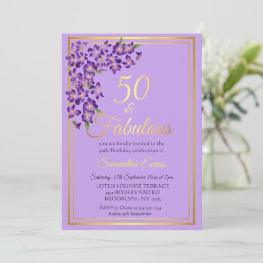 50 en Fabulous Gold Violet 50e verjaardag Kaart (Staand voorkant)