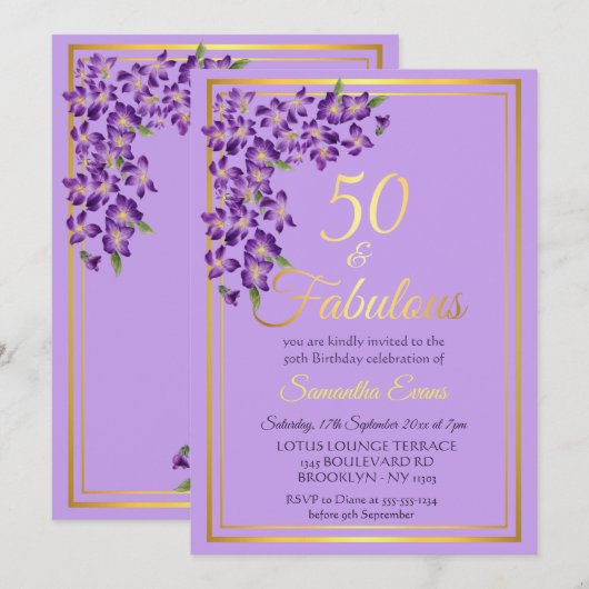 50 en Fabulous Gold Violet 50e verjaardag Kaart (Voorkant / Achterkant)