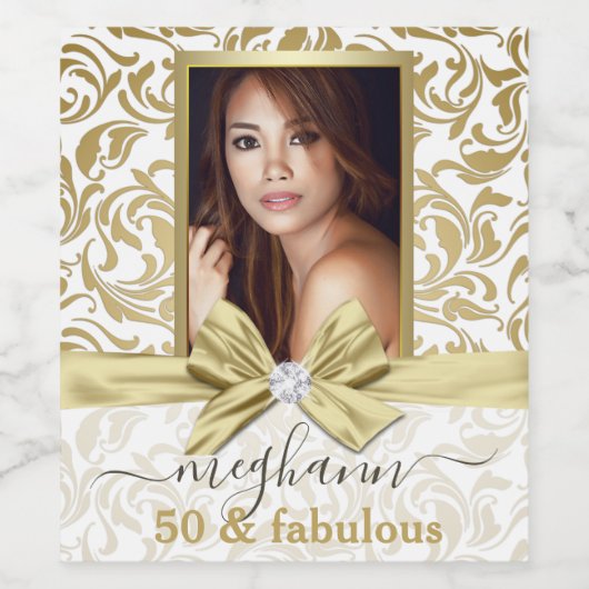 50. en Fabulous Gold White Name Birthday Party Wijn Etiket (Enkel label)