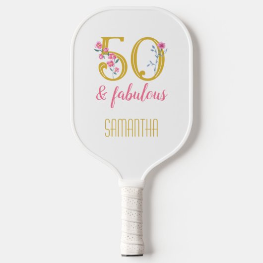 50 en Fabulous Goud en Roze Bloemen Pickleball Paddle (Voorkant)