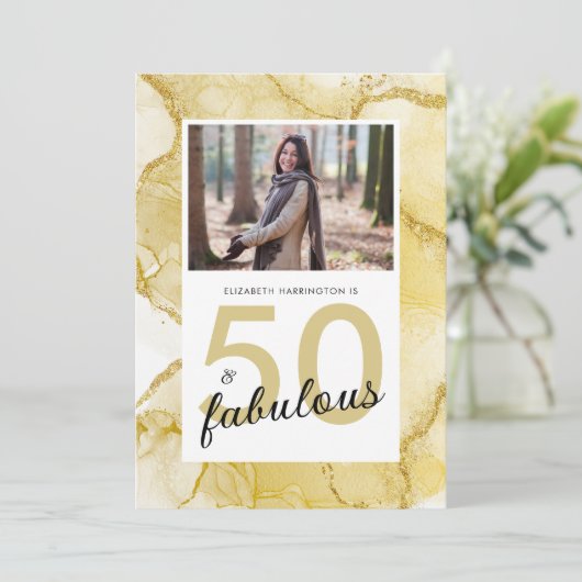 50 En Fabulous Goud Wit Foto Verjaardag Kaart (Staand voorkant)