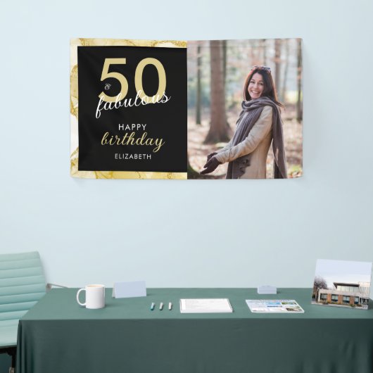 50 En Fabulous Goud Zwart Foto Verjaardag Spandoek (Beurs)