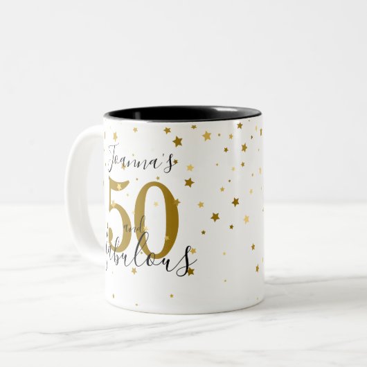 50 en Fabulous Gouden en Zwarte Script Verjaardag Tweekleurige Koffiemok (Voorkant links)