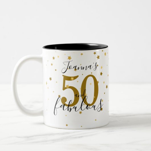 50 en Fabulous Gouden en Zwarte Script Verjaardag Tweekleurige Koffiemok (Links)
