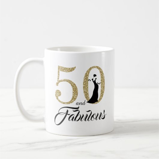 50 en Fabulous Gouden Glitter 50ste Verjaardag Koffiemok (Links)