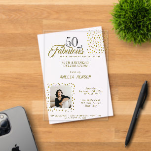 50 en Fabulous Gouden Glitter Foto 50e Verjaardag Acryl Uitnodigingen