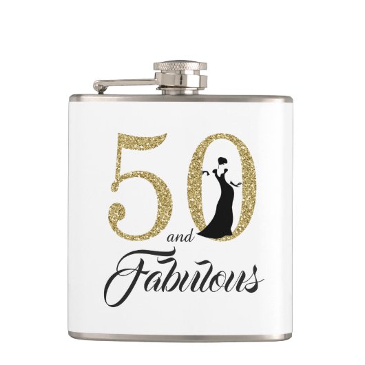 50 en Fabulous Gouden Glitter Verjaardagscadeau Heupfles (Voorkant)