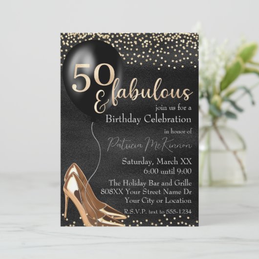 50 en Fabulous Gouden Hoge Hakken op Zwart Kaart (Staand voorkant)
