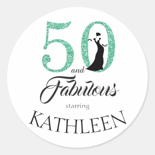 50 en Fabulous Green Glitter Custom Name Ronde Sticker (Voorkant)
