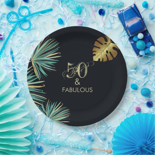 50- en Fabulous Green Gold Leaves Birthday Party Papieren Bordje (Feest)