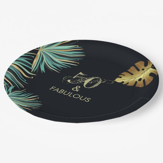 50- en Fabulous Green Gold Leaves Birthday Party Papieren Bordje (Gekanteld)