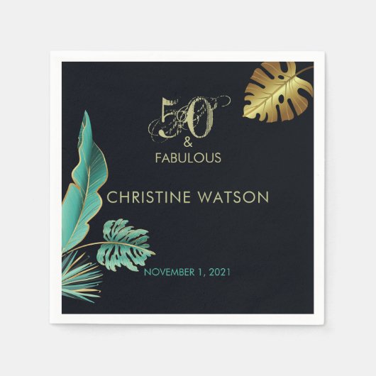 50- en Fabulous Green Gold Leaves Birthday Party Servet (Voorkant)