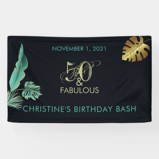 50- en Fabulous Green Gold Leaves Birthday Party Spandoek (Horizontaal)