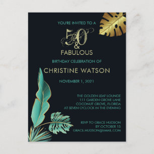 50- en Fabulous Green Gold Leaves Birthday Party Uitnodiging Briefkaart
