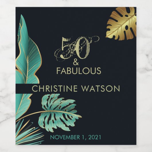 50- en Fabulous Green Gold Leaves Birthday Party Wijn Etiket (Enkel label)