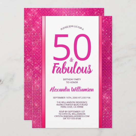 50 en Fabulous Heet Roze Glam 50e Verjaardagsfeest Kaart (Voorkant / Achterkant)