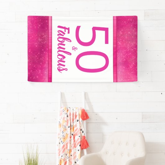50 en Fabulous Heet Roze Glam 50e Verjaardagsfeest Spandoek (Insitu)