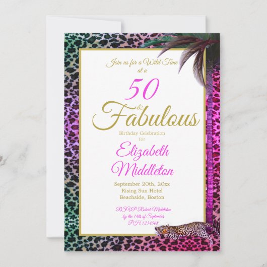 50 en Fabulous Leopard Paars Palm Wild Birthday Kaart (Voorkant)