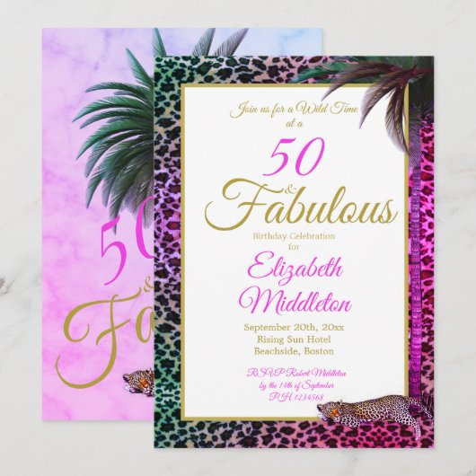 50 en Fabulous Leopard Paars Palm Wild Birthday Kaart (Voorkant / Achterkant)