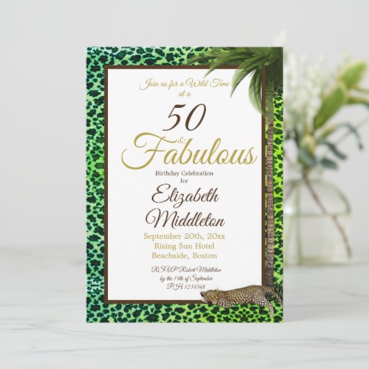 50 en Fabulous Leopard Print Palm Wild Birthday Kaart (Staand voorkant)