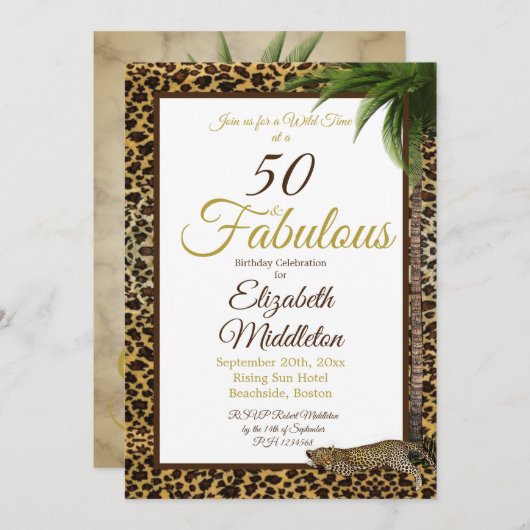50 en Fabulous Leopard Print Palm Wild Birthday Kaart (Voorkant / Achterkant)