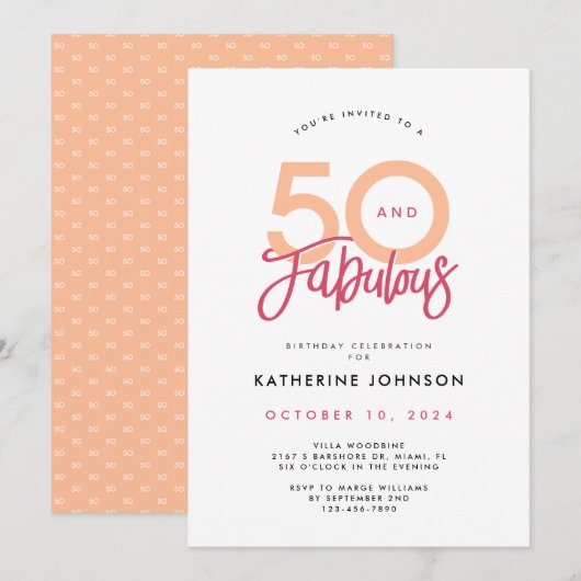 50 en Fabulous Modern 50th Birthday Kaart (Voorkant / Achterkant)
