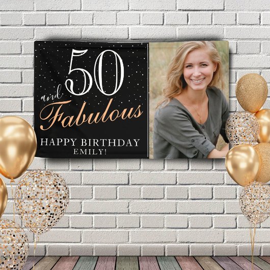 50 en Fabulous Modern Black 50th Birthday Foto Spandoek