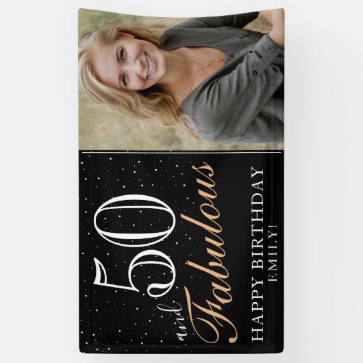 50 en Fabulous Modern Black 50th Birthday Foto Spandoek (Verticaal)