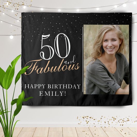 50 en Fabulous Modern Black 50th Birthday Foto Wandkleed