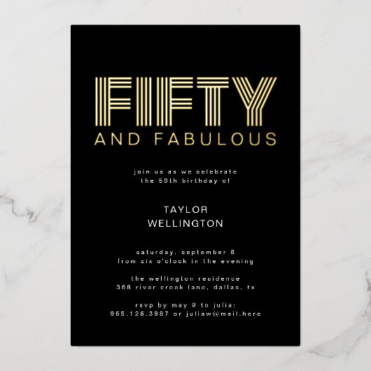 50 en Fabulous Modern Black Birthday Party Folie Uitnodiging (Voorkant)