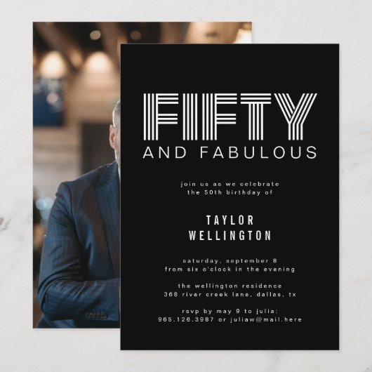 50 en Fabulous Modern Black White Birthday Party Kaart (Voorkant / Achterkant)