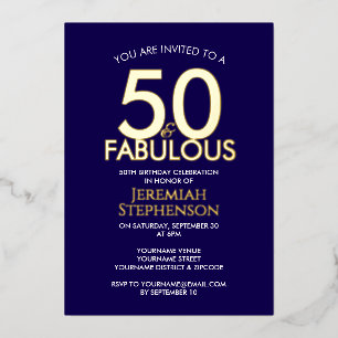 50 en Fabulous Modern Navy Goud 50e Verjaardag Folie Uitnodiging
