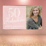 50 en Fabulous Modern Pink 50th Birthday Foto Spandoek<br><div class="desc">50 en Fabulous Modern Roze 50ste Verjaardag Fotobanner. Geweldig teken voor het 50ste verjaardagsfeest met een aangepaste foto, inspirerend en grappige quote 50 en fantastisch en tekst in trendy wit script met een naam. De achtergrond is roze. Personaliseer het bord met je foto, jouw naam en het leeftijdsnummer, en maak...</div>