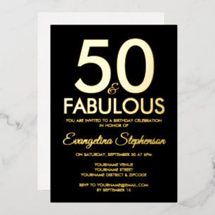 50 en Fabulous Modern Zwart Goud 50ste Verjaardag Folie Uitnodiging