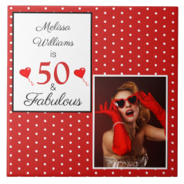 50 en Fabulous Naam Foto 50e Verjaardag WH Rood Tegeltje