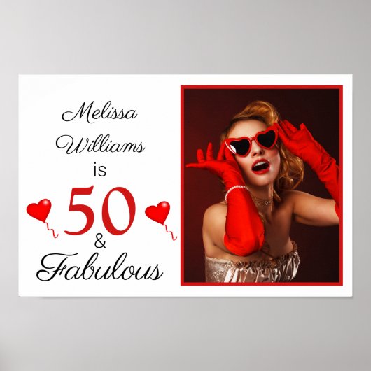 50 en Fabulous Name Photo Red 50th Birthday Small Poster (Voorkant)