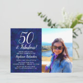 50 en Fabulous Navy Blue Foto Verjaardagsfeest Kaart (Staand voorkant)